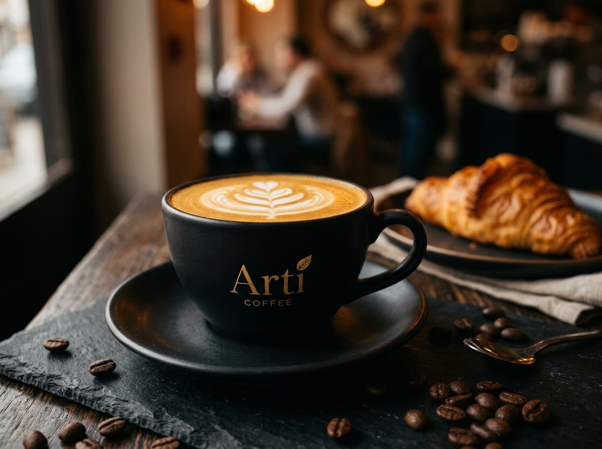 Arti Coffee Cappuccino auf schwarzer Untertasse mit feinstem Gebäck