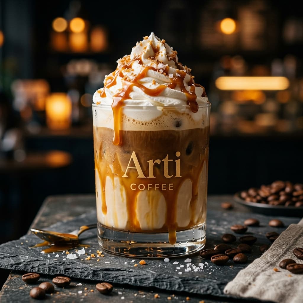 Arti Coffee Salted Caramel Latte mit reichem Karamell-Drizzle und Sahnehaube