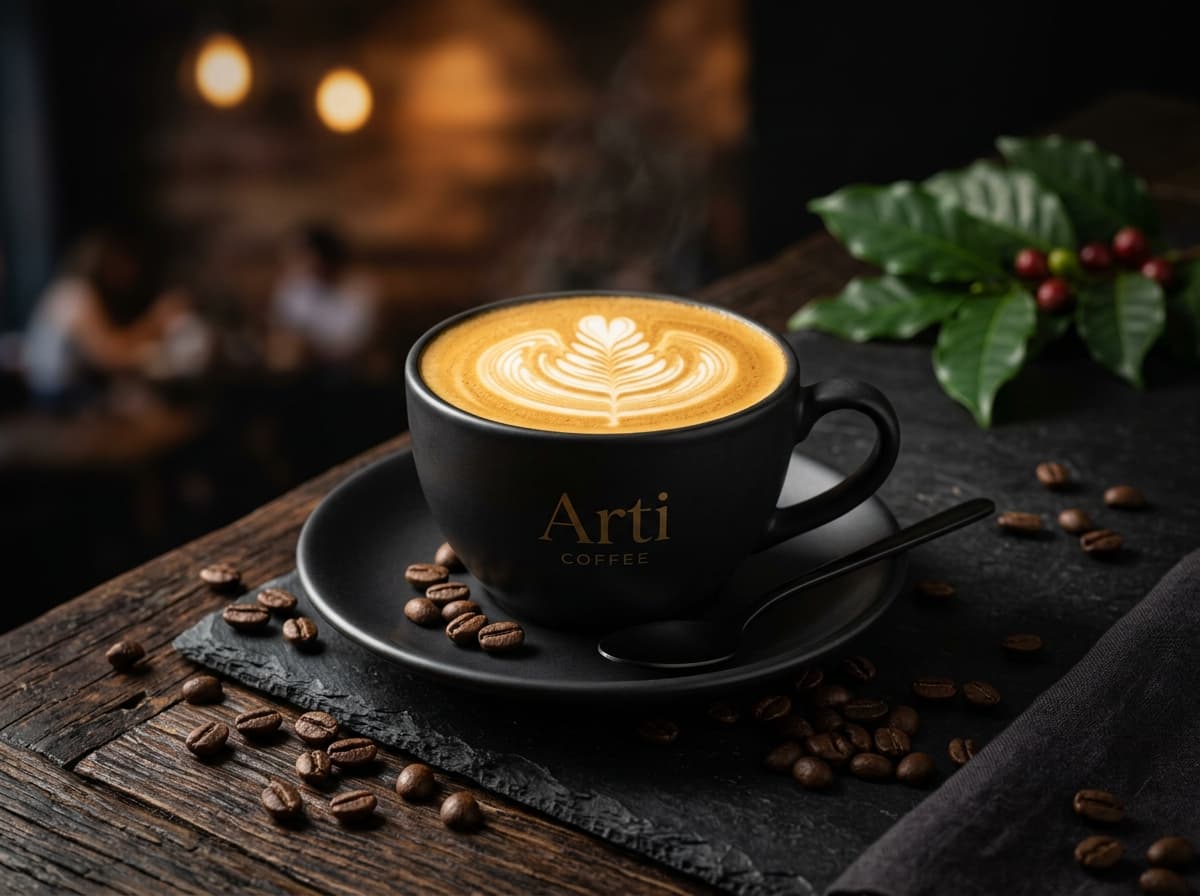Arti Coffee Cappuccino mit kunstvoller Latte Art auf schwarzer Keramiktasse