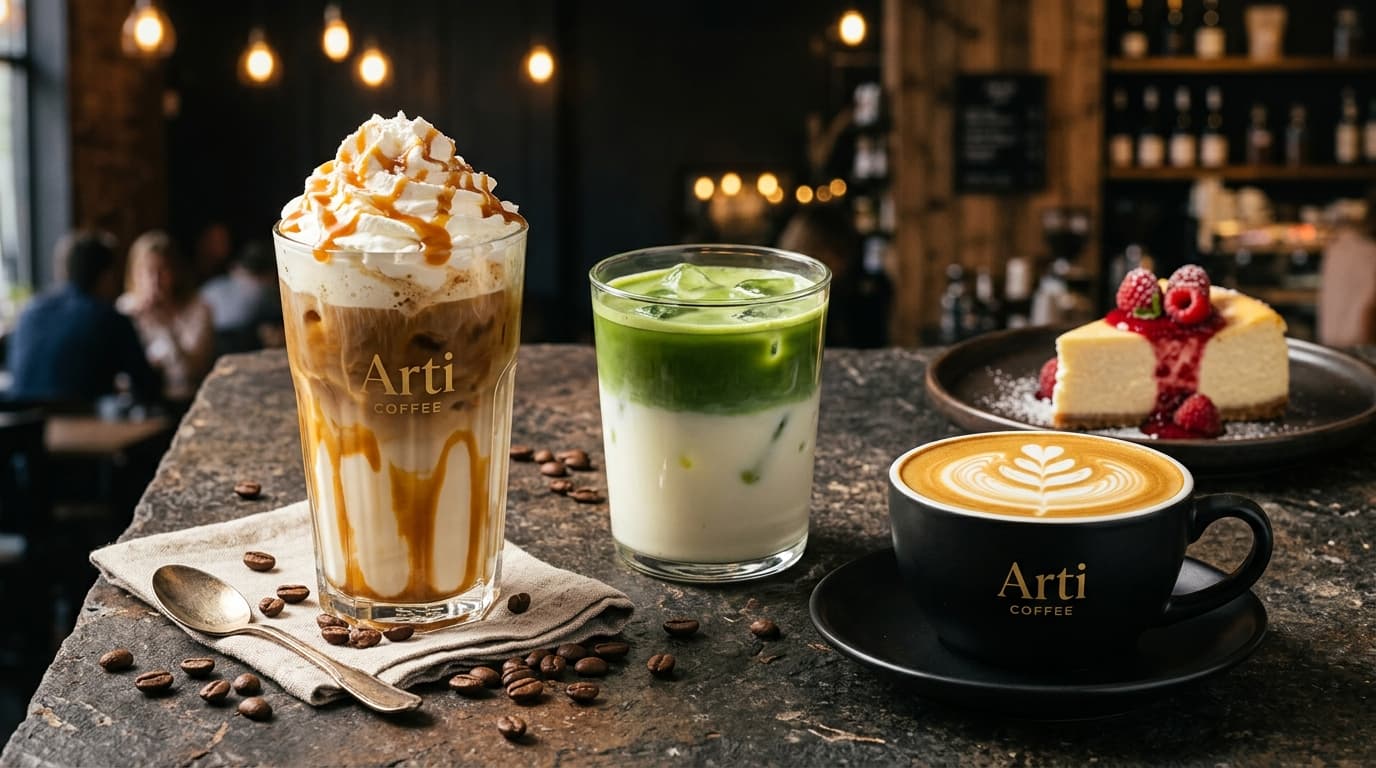 Arti Coffee Spezialitäten: Salted Caramel Latte, Matcha Latte, Cappuccino und frischer Cheesecake